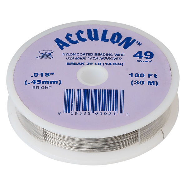 Beading wire, Acculon®, nylon-coated stainless steel, clear, 49 strand, 0.018-inch diameter. Sold per 100-foot spool. image number 0