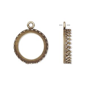 Drop, JBB Findings, antiqued brass, 18mm round with open back and decorative trim, 16mm round bezel setting. Sold per pkg of 2.