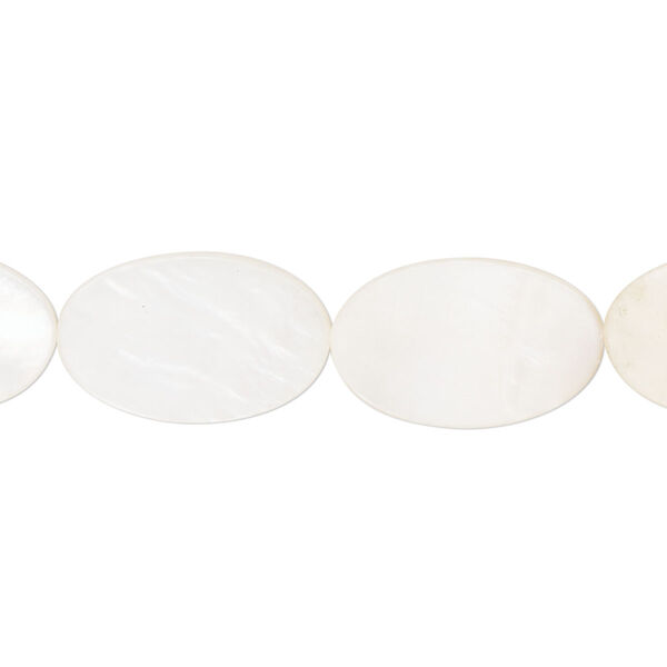 Bead, mother-of-pearl shell (bleached), 18x12mm flat oval, Mohs hardness 3-1/2. Sold per 15-1/2" to 16" strand. image number 0