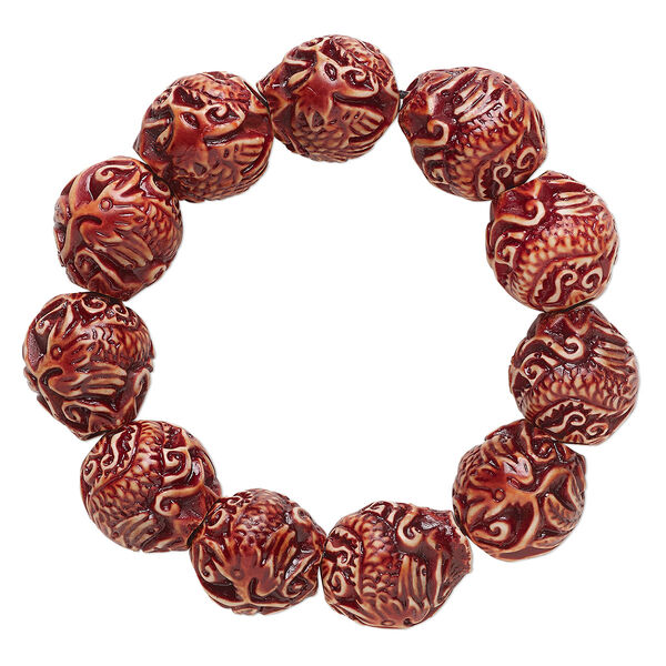 Bracelet, stretch, resin, red/brown, 20x18mm double-sided oval with dragon and phoenix, 6-1/2 inches. Sold individually. image number 0