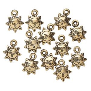 Drop, acrylic, antique gold, 14x13mm double-sided sun with face. Sold per pkg of 12.