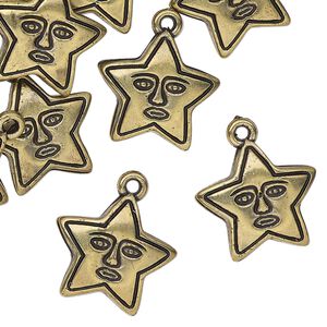 Drop, acrylic, antique gold, 17x16mm star with face. Sold per pkg of 12.