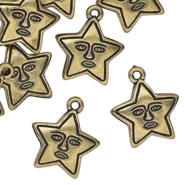 Drop, acrylic, antique gold, 17x16mm star with face. Sold per pkg of 12. image number 0