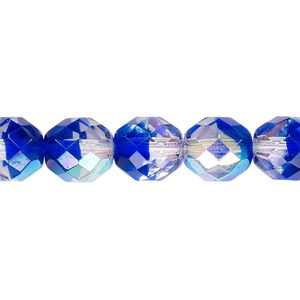 Bead, Czech fire-polished glass, two-tone, crystal/dark blue AB, 10mm faceted round. Sold per 15-1/2" to 16" strand.