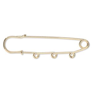 Kilt pin, gold-plated steel, 3 inches with 3 loops. Sold per pkg of 10.