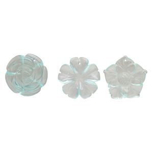 Drop mix, glass, transparent light blue, 29x30mm-36x36mm top-drilled carved flower. Sold per pkg of 3.
