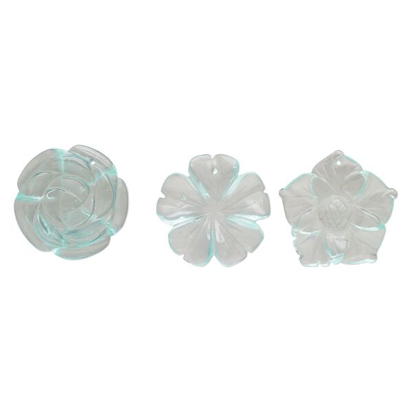 Drop mix, glass, transparent light blue, 29x30mm-36x36mm top-drilled carved flower. Sold per pkg of 3. image number 0