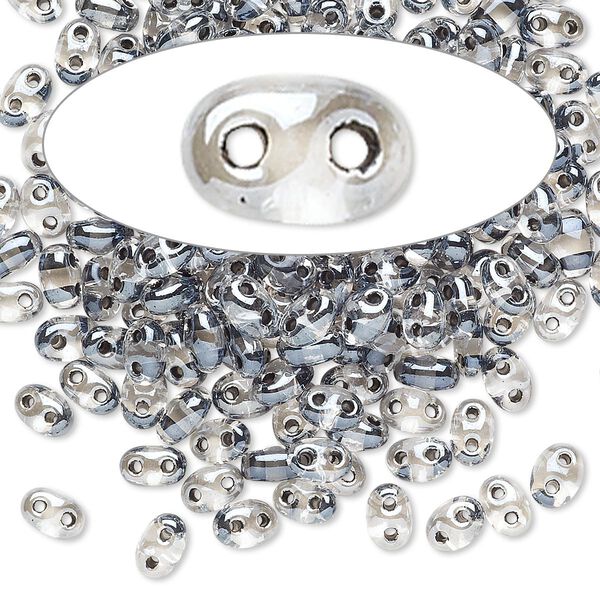 Seed bead, Preciosa Twin™ Czech glass, pkg/10g, 5x2.5mm oval, transparent grey terra color-lined clear, (38649). image number 0