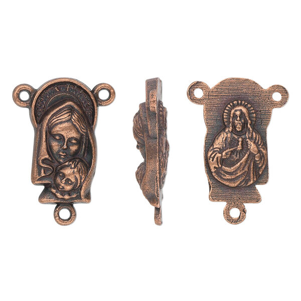Connector, antique copper-plated "pewter" (zinc-based alloy), 18.5x10mm two-sided oval rosary with Madonna and child on front and Sacred Heart of Jesus Christ on back. Sold per pkg of 10. image number 0