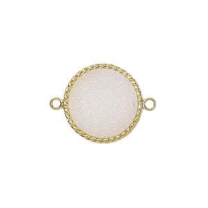 Link, druzy agate (natural) and gold-plated sterling silver, white, 17-19mm hand-cut single-sided flat round with twisted wire design. Sold individually.