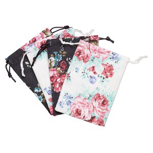 Pouch, cotton and satin, black / white / multicolored, 4-3/4 x 3-3/4 inch rectangle with leaf and rose pattern with drawstring. Sold per pkg of 4.