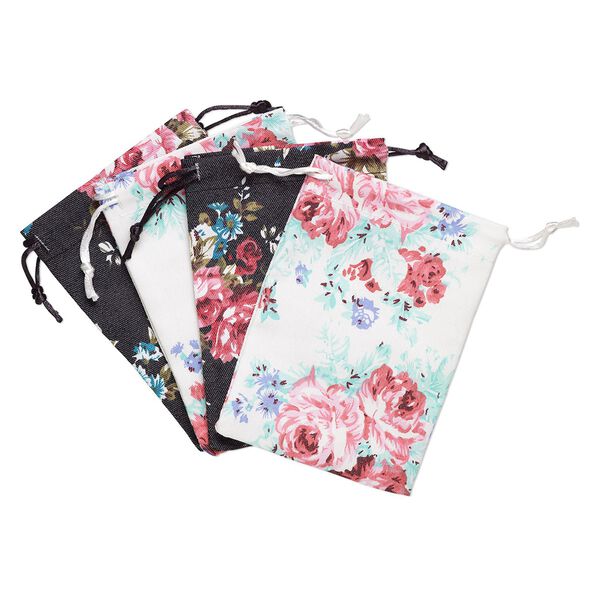 Pouch, cotton and satin, black / white / multicolored, 4-3/4 x 3-3/4 inch rectangle with leaf and rose pattern with drawstring. Sold per pkg of 4. image number 0