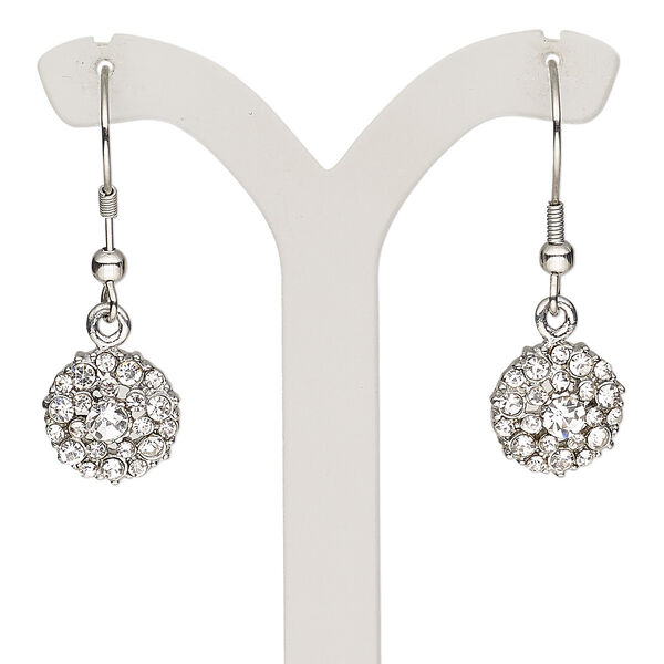 Earring, glass rhinestone and stainless steel, clear, 30mm with round and fishhook ear wire. Sold per pair. image number 0