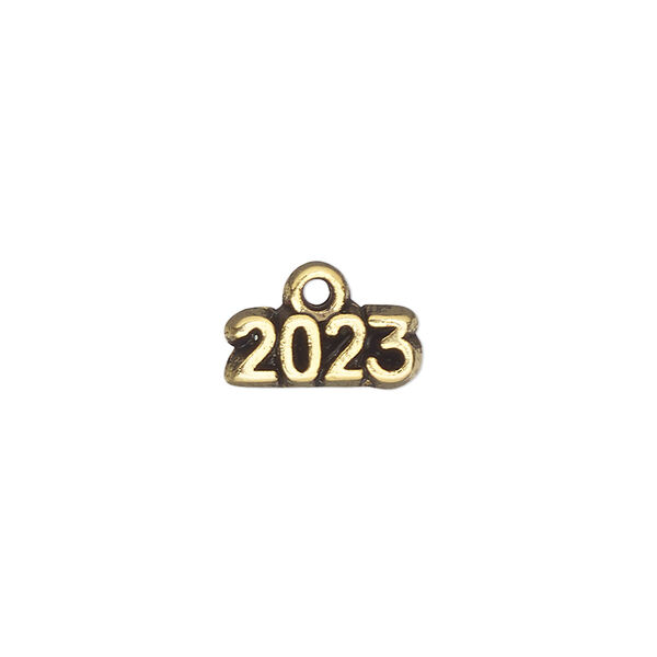 Charm, antique gold-plated pewter (tin-based alloy), 13x5mm single-sided "2023". Sold per pkg of 2. image number 0