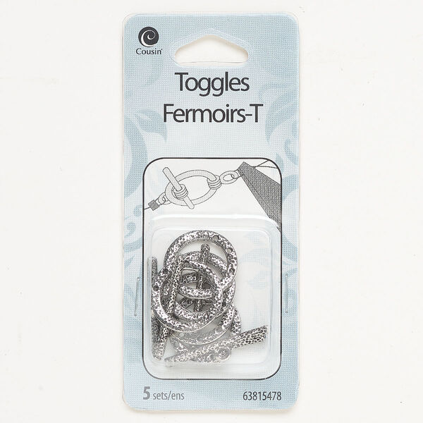 Clasp, toggle, "pewter" (zinc-based alloy), pkg/5, antique silver finish, 18mm hammered round. image number 0