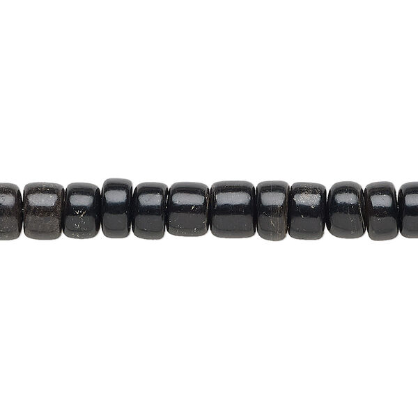 Bead, horn (dyed / waxed), black, 6x3mm hand-cut rondelle. Sold per 15-1/2" to 16" strand. image number 0