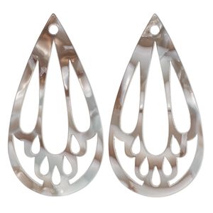 Focal, resin, grey and brown, 49x25mm teardrop with cutouts. Sold per pkg of 4.