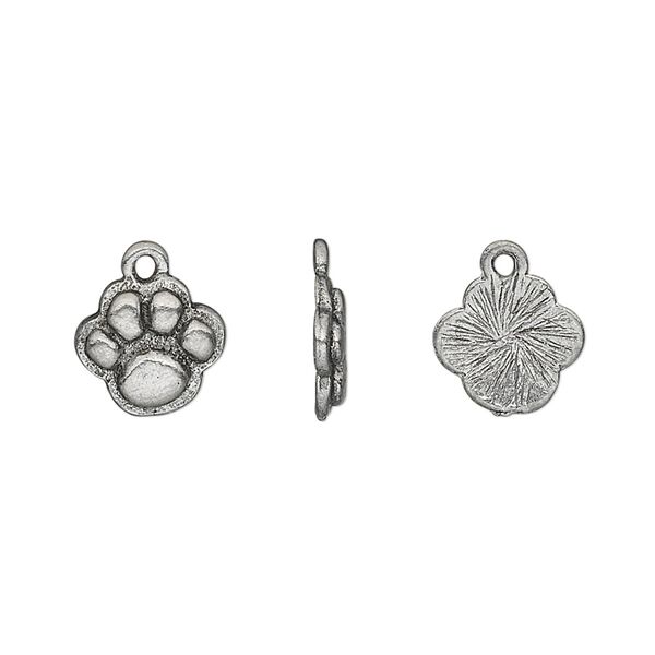 Charm, pewter (tin-based alloy), pkg/1, antiqued, 10mm single-sided paw print. image number 0