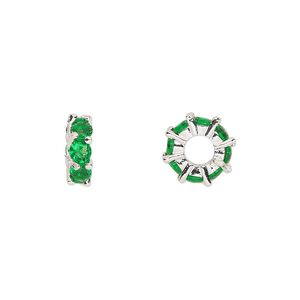 Bead, cubic zirconia and silver-plated brass, emerald, 10.5x3.5mm rondelle. Sold per pkg of 2.