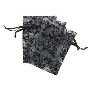 Pouch, satin and flocked organza, grey and black, 4x3-inch rectangle with damask design and drawstring. Sold per pkg of 3.
