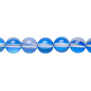 Bead, iridescent glass, transparent blue, 8mm round. Sold per 15-1/2" to 16" strand.