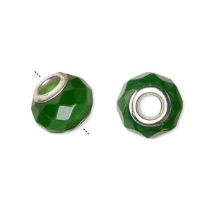 Bead, Dione®, cat's eye glass (fiber optic glass) and silver-plated brass grommets, dark green, 13x10mm-14x10mm faceted rondelle. Sold per pkg of 4.