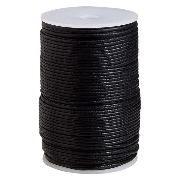 Cord, waxed cotton, black, 2mm, 50+ pound test. Sold per 100-meter spool. image number 0