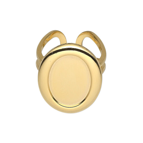 Ring, gold-plated "pewter" (zinc-based alloy), 24x20mm with 18x13mm oval setting, adjustable. Sold individually. image number 0