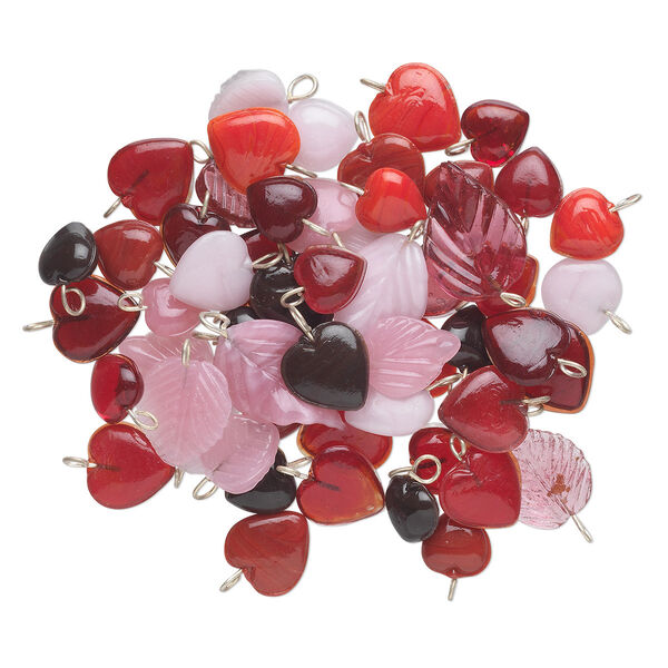 Drop mix, glass and brass, opaque to transparent red and pink, 11mm-22x15mm double-sided heart and leaf. Sold per 50-gram pkg, approximately 55-60 drops. image number 0