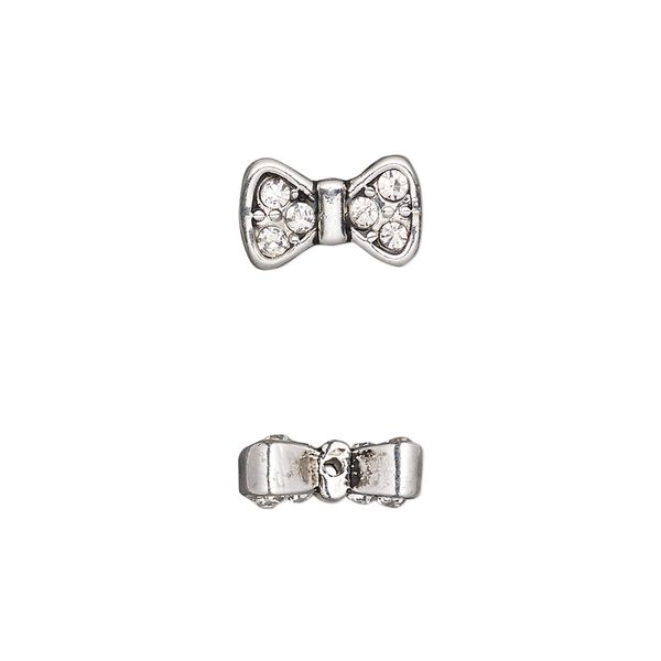 Bead, glass rhinestone and antique silver-finished "pewter" (zinc-based alloy), clear, 12x7.5mm bow. Sold per pkg of 2. image number 0