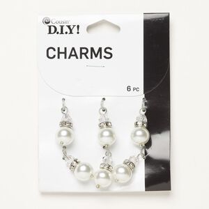 Drop, silver-finished "pewter" (zinc-based alloy) / glass / acrylic, clear and white, 17x10mm. Sold per pkg of 6.