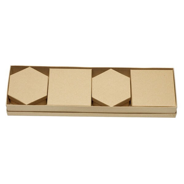 Box, kraft paper, (1) 12-3/4 x 3-1/2 x 1-1/2 inch rectangle / (2) 3-1/4 x 3-1/4 x 1-1/2 inch square / (2) 3-1/4 x 2-3/4 x 1-1/2 inch hexagon. Sold per 5-piece set. image number 0