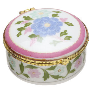 Trinket box 1pkg1, porcelain / gold-finished "pewter" (zinc alloy) / acrylic, white and multicolored, 2-1/2 x 1-1/4 inch hinged round with flower and flower design decals.