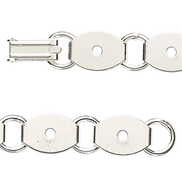 Bracelet component 1pkg1, silver-plated steel, (10) 13x10mm oval link settings, 7 inches with fold-over clasp. image number 0
