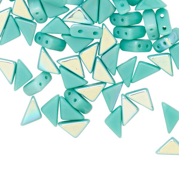 Bead, Tango™, Czech pressed glass, opaque green turquoise AB, 8x6x6mm triangle with (2) 0.7-0.8mm holes. Sold per 10-gram pkg, approximately 65 beads. image number 0