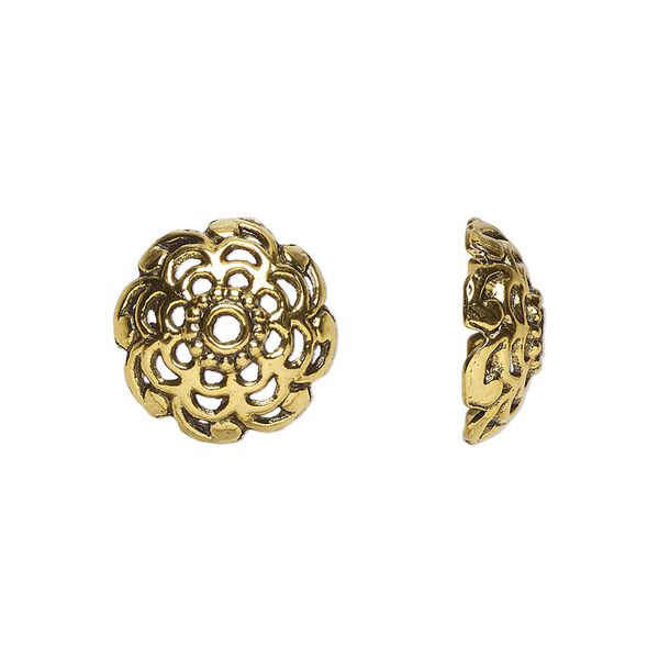 Bead cap, antiqued gold-finished "pewter" (zinc-based alloy), 15x6mm open flower round, fits 12-13mm beads. Sold per pkg of 20. image number 0