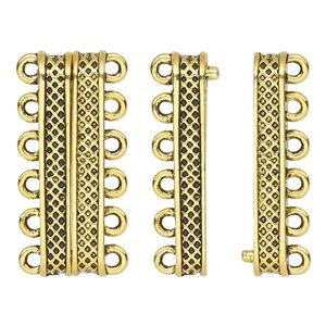 Clasp magnetic 1pkg1 "pewter" (zinc alloy), 30.5x9mm rectangle, antique gold-finished 6-strand
