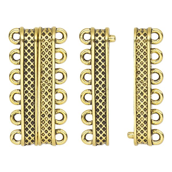 Clasp, 6-strand magnetic, antique gold-finished "pewter" (zinc-based alloy), 30.5x9mm rectangle with textured design. Sold individually. image number 0