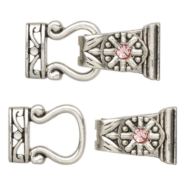 Clasp, magnetic, silver-finished "pewter" (zinc-based alloy) and glass, pink, 29x13mm 2-strand fold-over. Sold per pkg of 2. image number 0