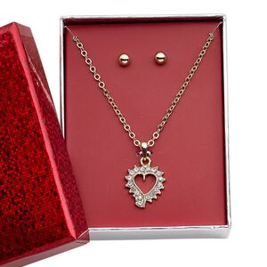 Necklace and earring set, glass rhinestone / gold-finished brass / steel / "pewter" (zinc-based alloy), clear, 17x16mm open heart, 15" to 16" necklace with 3-inch extender chain and lobster claw clasp, 5mm round with post. Sold per set.