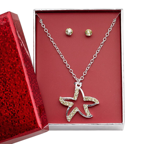 Necklace and earring set, Everyday Jewelry, glass rhinestone / silver-finished brass / steel / "pewter" (zinc-based alloy), yellow, 29x26.5mm starfish, 16 inches with 3-inch extender chain and lobster claw clasp, 4.5mm round with post. Sold per set. image number 0