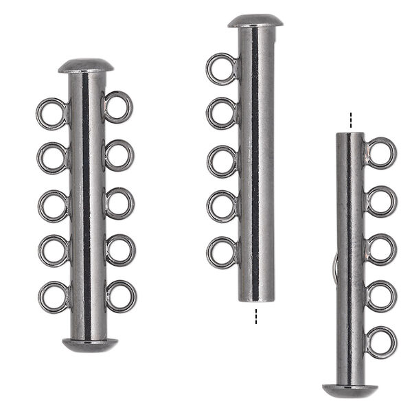 Clasp, 5-strand slide lock, gunmetal-plated brass, 31x6mm tube. Sold per pkg of 10. image number 0