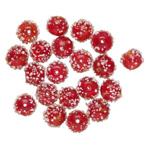 Bead, lampworked glass, translucent red and white, 10mm bumpy round. Sold per pkg of 20.