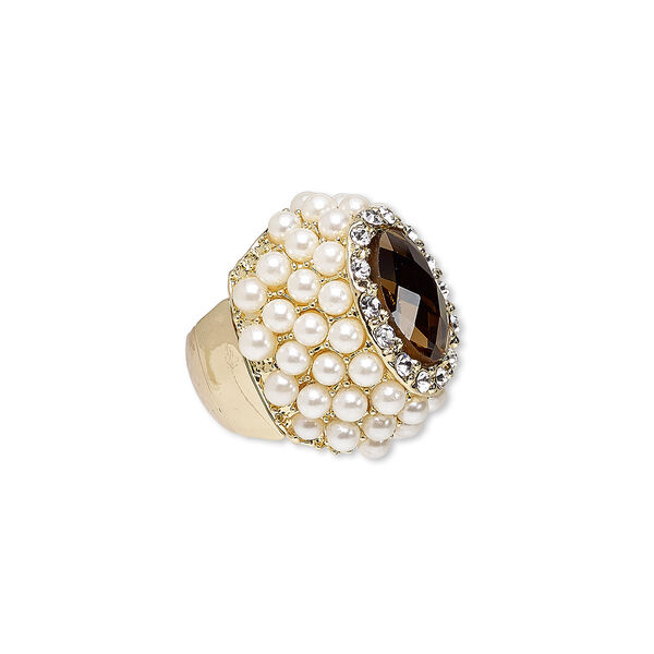 Ring, stretch, acrylic pearl / glass / glass rhinestone / gold-finished "pewter" (zinc-based alloy), white / topaz brown / clear, 35mm wide, size 8-9. Sold individually. image number 0