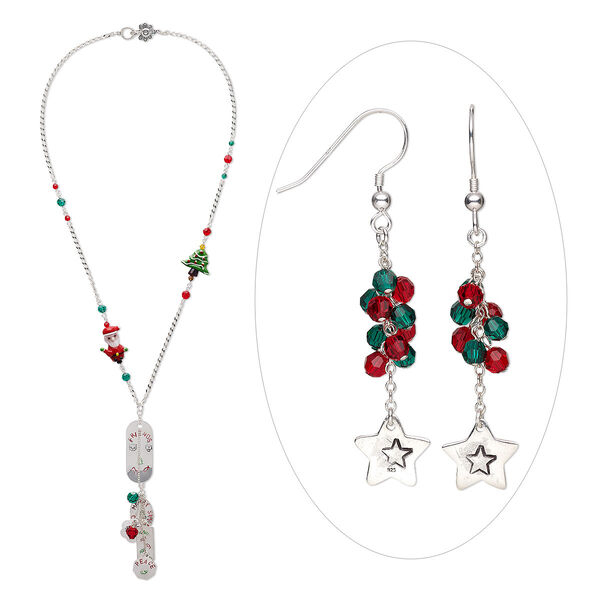 Necklace and earring set, One of a Kind Jewelry, sterling silver / crystal / lampworked glass, red / green / multicolored. Only one available. image number 0