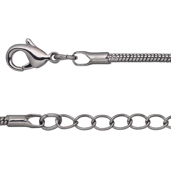 Chain, gunmetal-plated brass, 2mm snake, 16 inches with 1-inch extender chain and lobster claw clasp. Sold per pkg of 4. image number 0