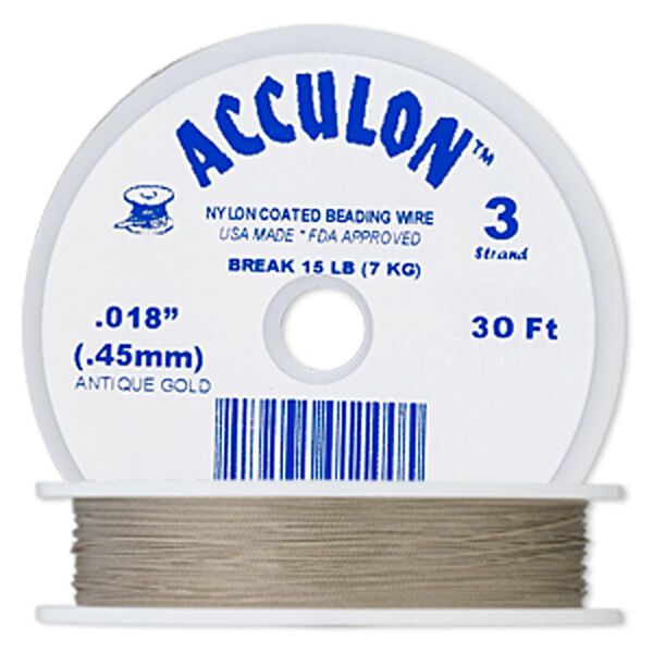 Beading wire, Acculon®, nylon-coated stainless steel, gold color, 3 strand, 0.018-inch diameter. Sold per 30-foot spool. image number 0
