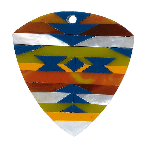 Focal, mother-of-pearl shell and resin, orange / green / dark blue, 31mm single-sided flat shield. Sold individually. image number 0
