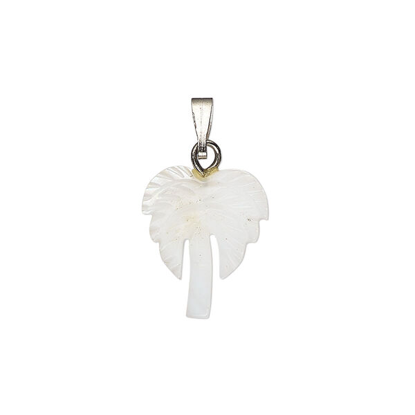 Pendant, mother-of-pearl shell (bleached) / antique silver-finished "pewter" (zinc-based alloy) / steel, 15x13mm-17x15mm single-sided carved palm tree. Sold individually. image number 0