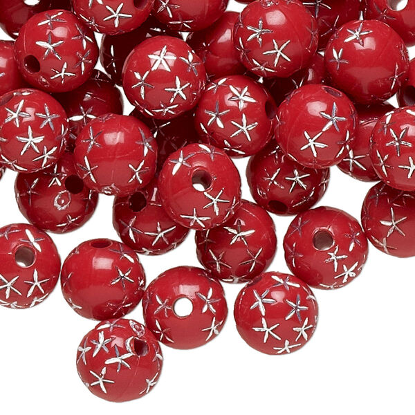 Bead, acrylic, red and silver, 8mm round with stars. Sold per pkg of 100. image number 0